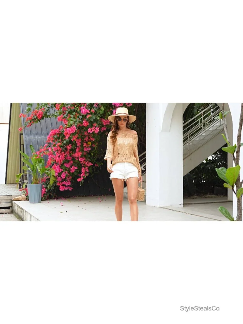 Crochet Hollow Out Sheer Beach Swim Cover Up Half Sleeve Pullover